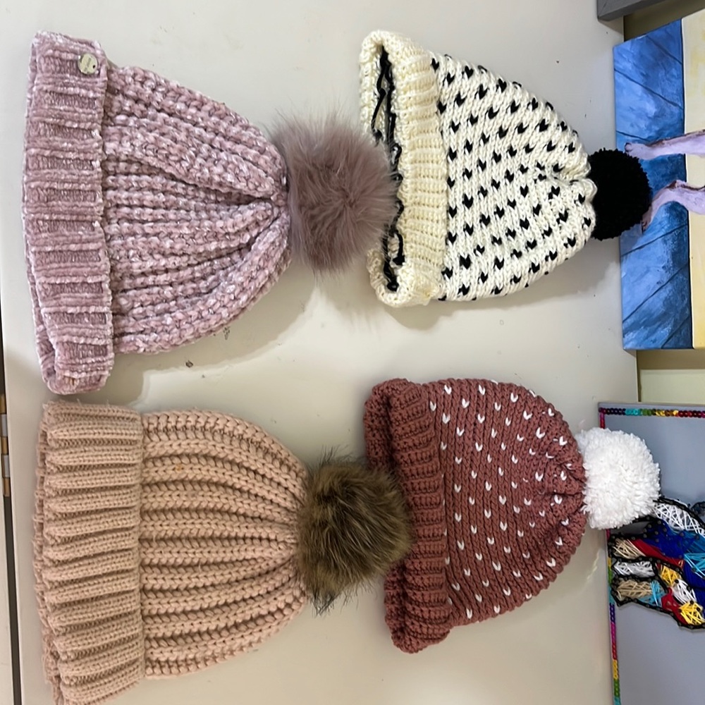 NWOT 4 snuggly winter beanies with pom poms